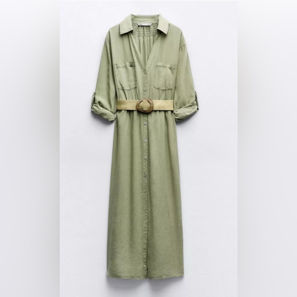 BELTED LINEN SHIRTDRESS with Slit for Casual Wear Size S - Picture 5 of 16